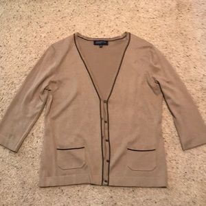 Tan with black trim, 3/4 sleeve cardigan